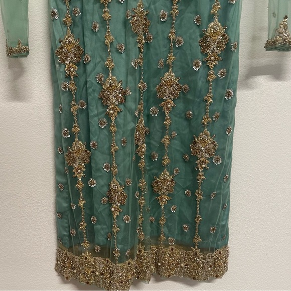 Mint Green and Gold Three-Piece Salwar Kameez Heavy Stonework| Size Approx Large - Picture 8 of 14